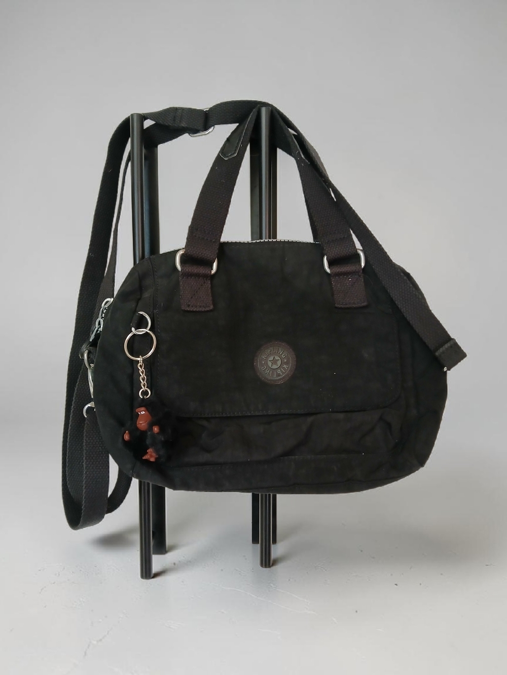Kipling Black Small Shoulder Tote with Monkey Charm